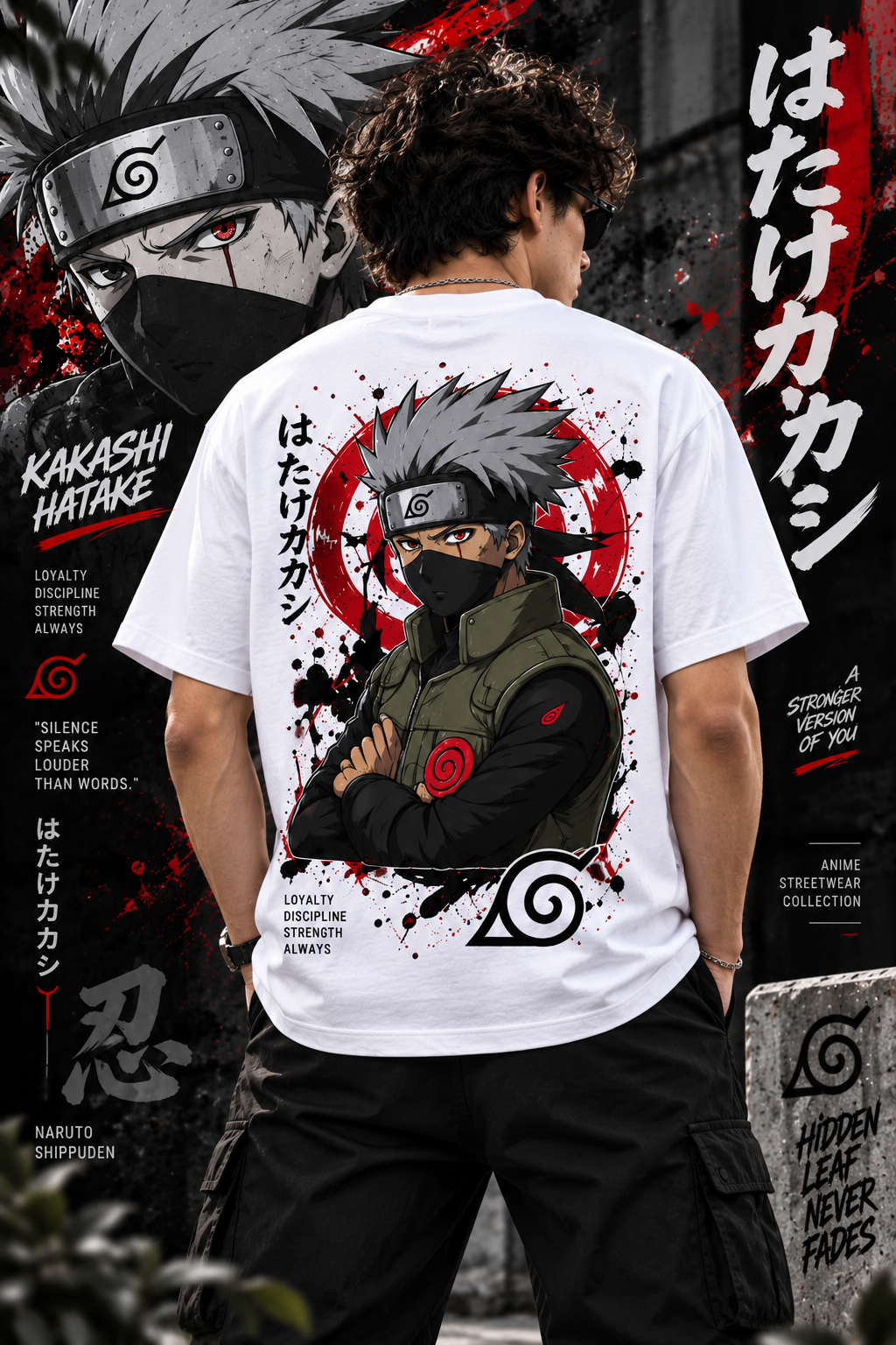 Kakashi Hatake anime T-shirt back print featuring ninja character artwork and red black graphic design