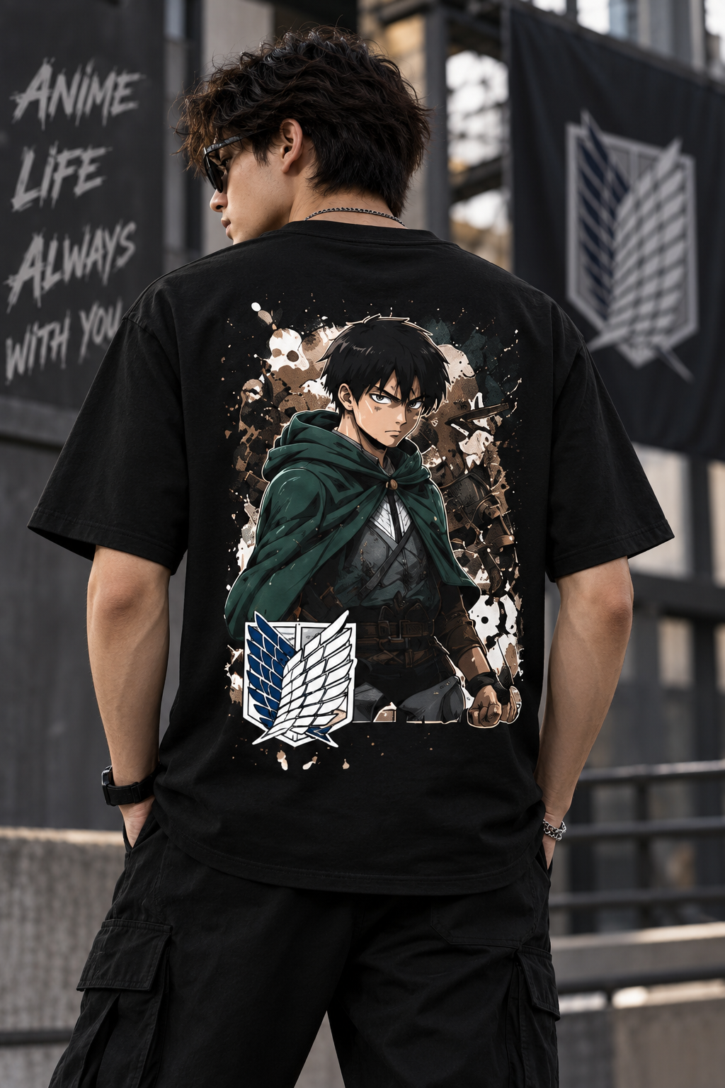 Levi Attack on Titan black tshirt for men back view