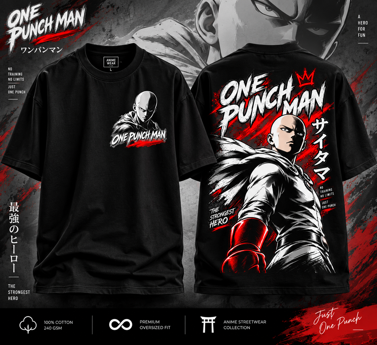 One Punch Man black cotton T-shirt front and back design product showcase