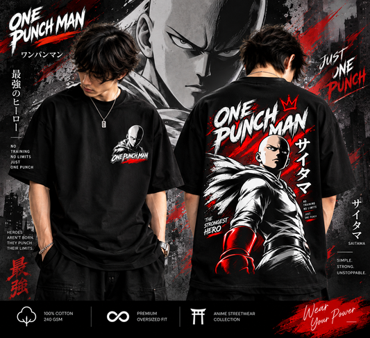 Front and back view of One Punch Man oversized anime streetwear T-shirt