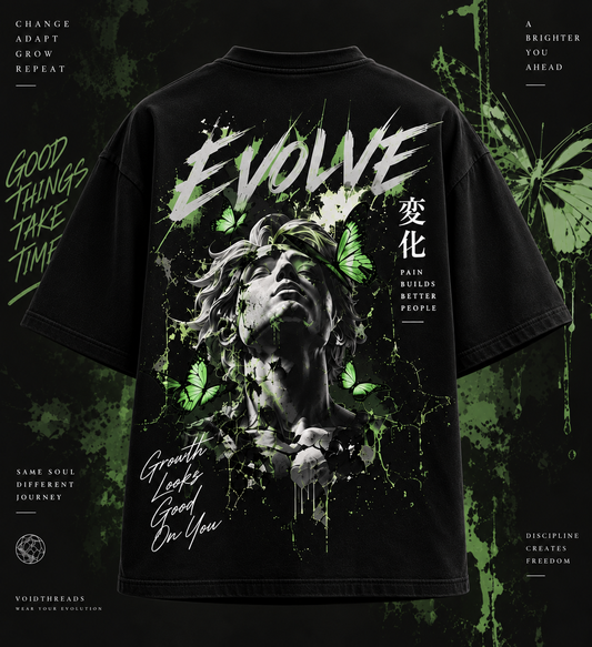 Black oversized t-shirt back featuring Evolve artwork, butterflies and artistic portrait