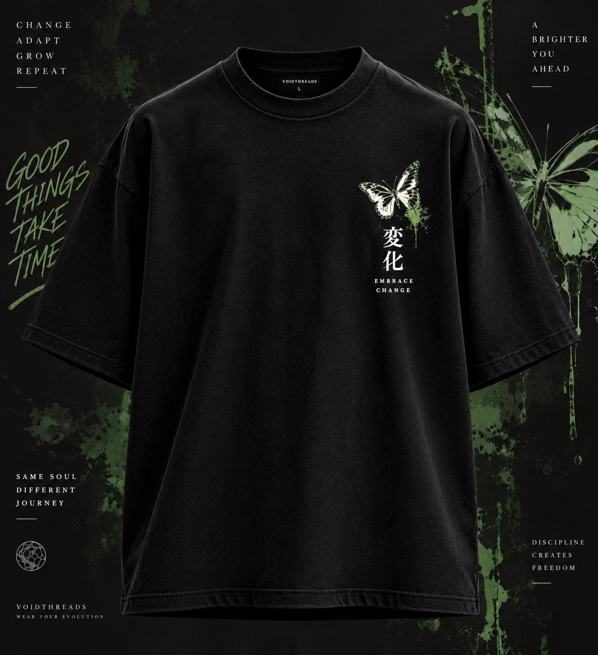 Black oversized t-shirt front with butterfly graphic, Japanese lettering and Embrace Change text