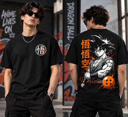 Black anime streetwear T-shirt featuring Son Goku chest logo and Dragon Ball Z graphic print
