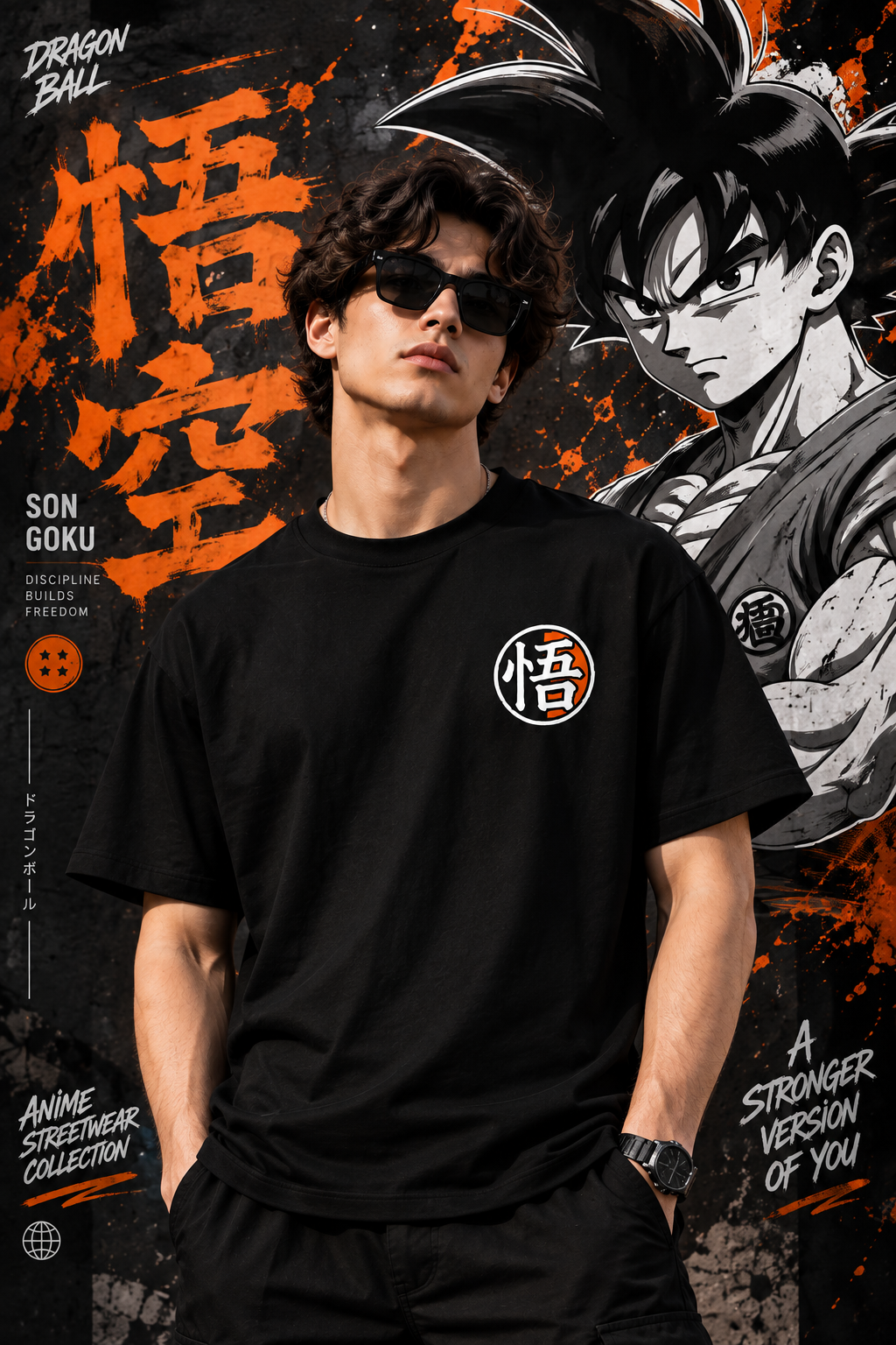 Black Goku anime T-shirt front and back view with Dragon Ball Z streetwear design
