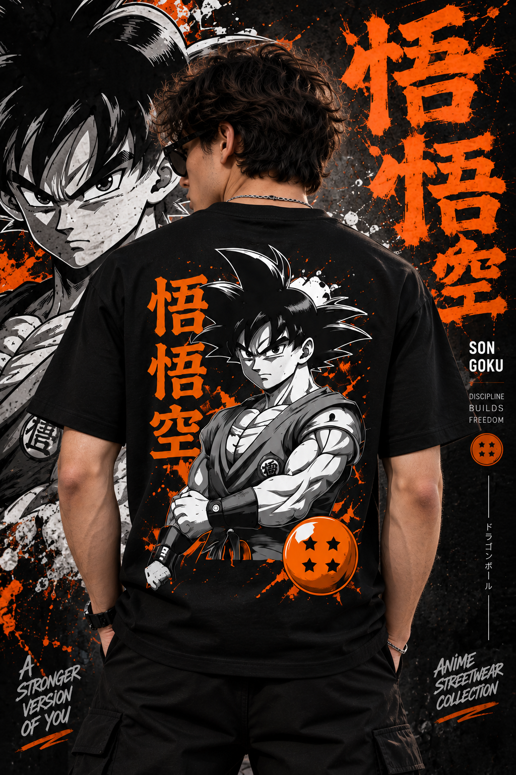 Black Dragon Ball Z T-shirt back design with Goku anime character, orange graphics, and Japanese lettering