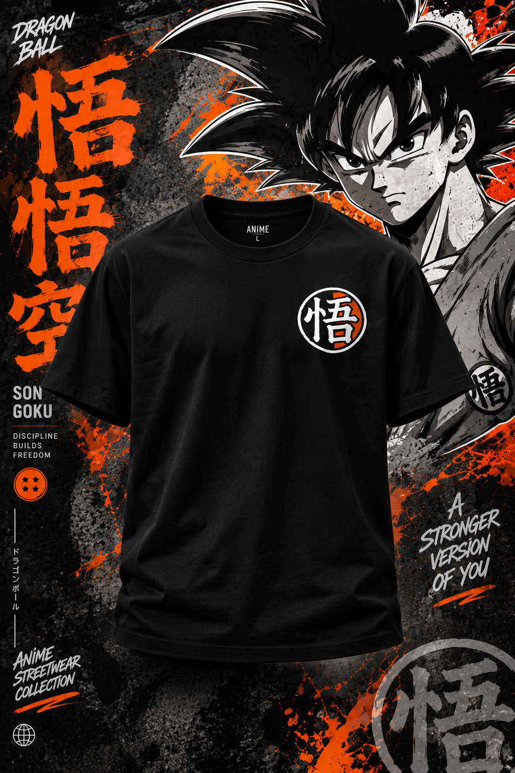 Black Goku graphic T-shirt front view featuring Dragon Ball logo and minimalist anime chest print