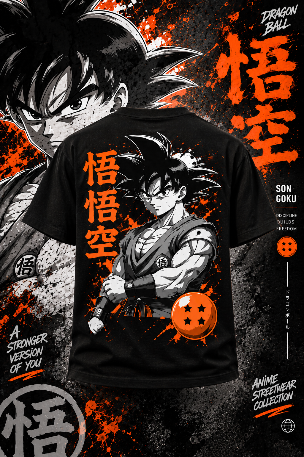 Black Goku anime T-shirt back print with Dragon Ball Z artwork and orange Japanese typography