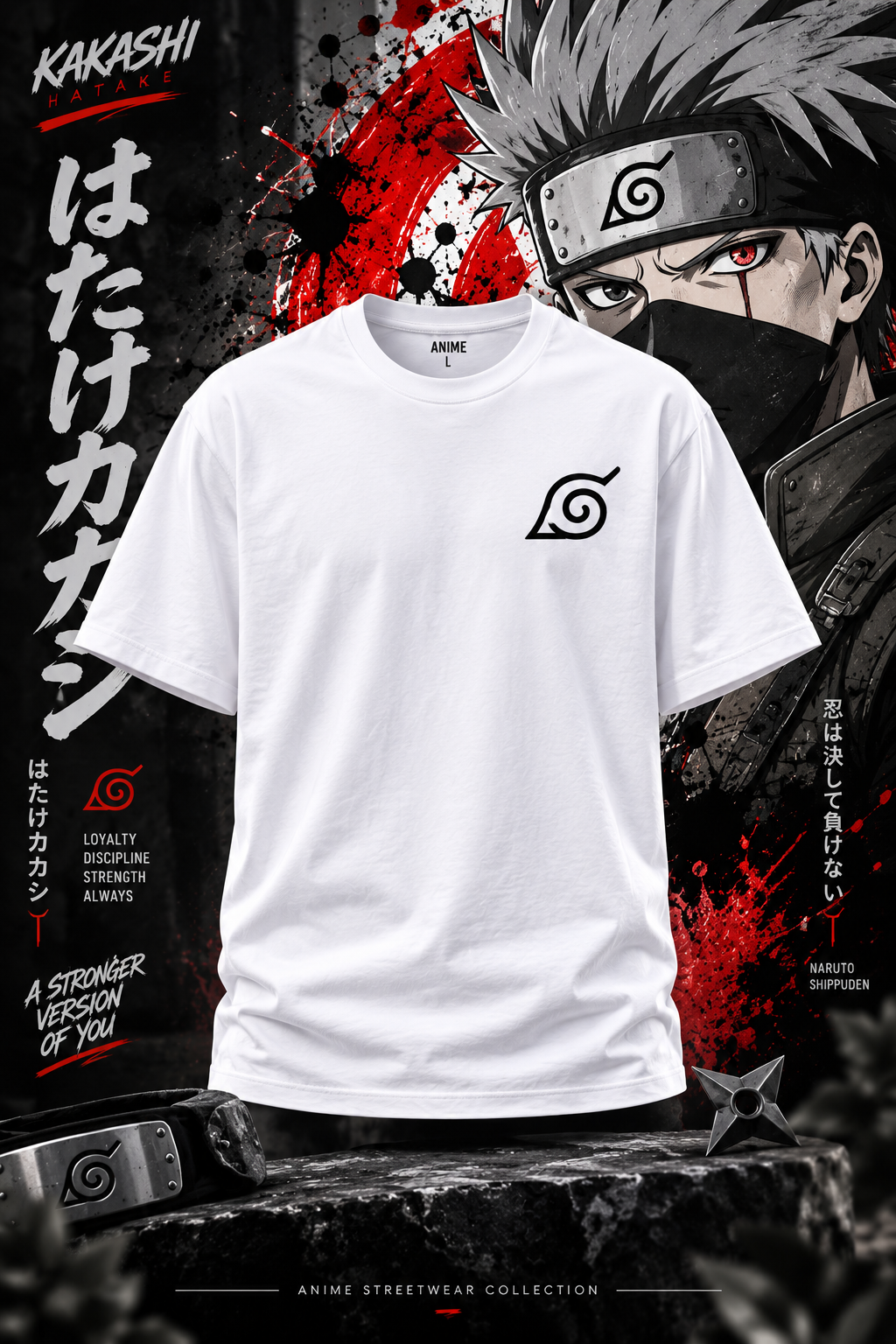 White anime T-shirt with Hidden Leaf logo and Kakashi Hatake Naruto Shippuden background artwork