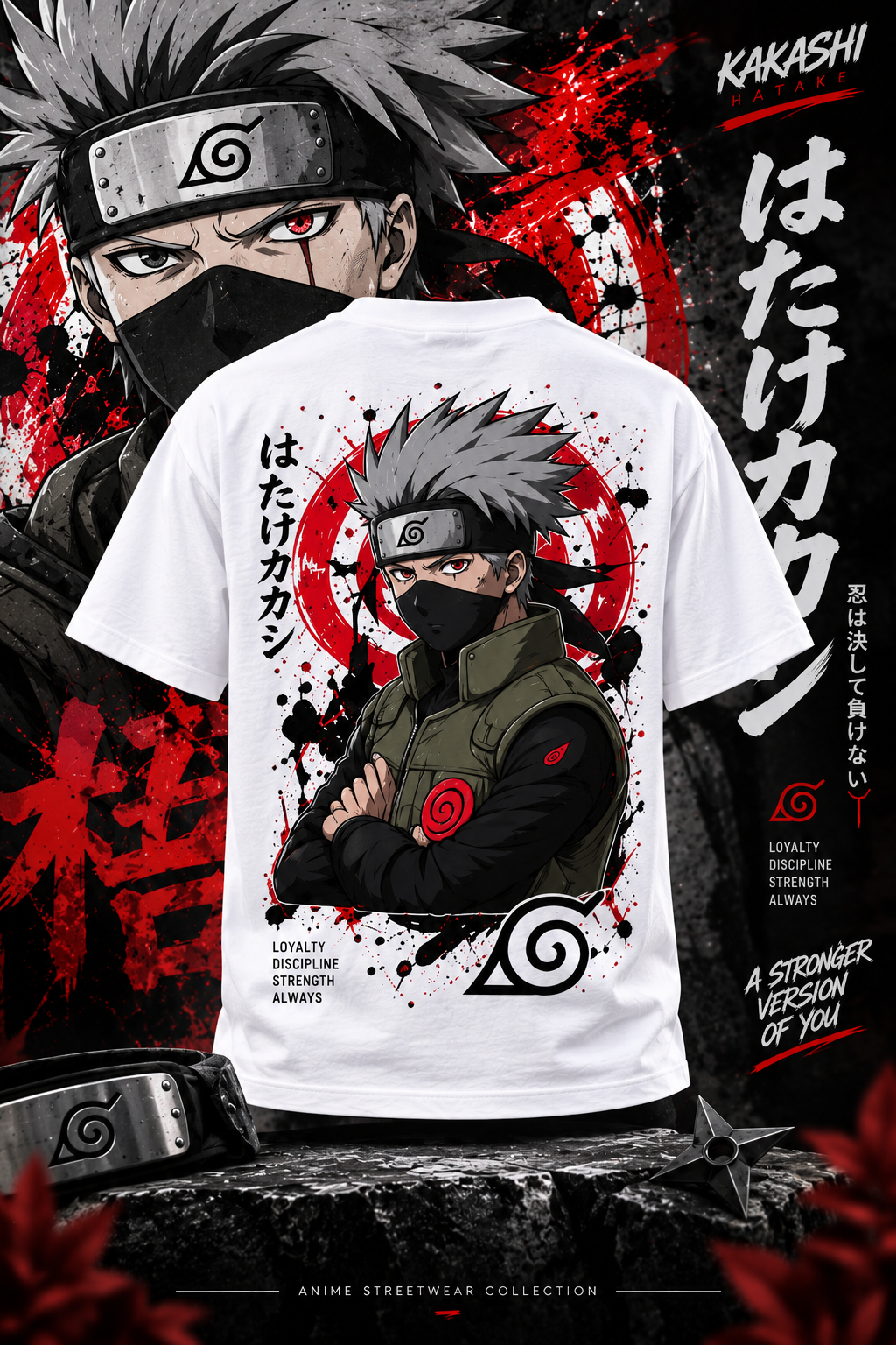 Kakashi Hatake graphic anime T-shirt back design with detailed Naruto artwork and Japanese typography