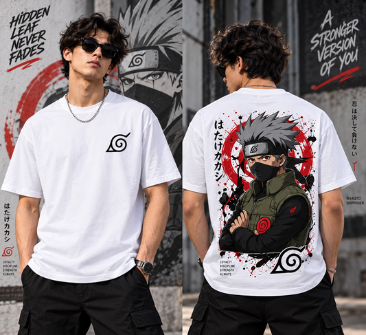 Kakashi anime T-shirt front and back view with minimalist Hidden Leaf logo and large character print