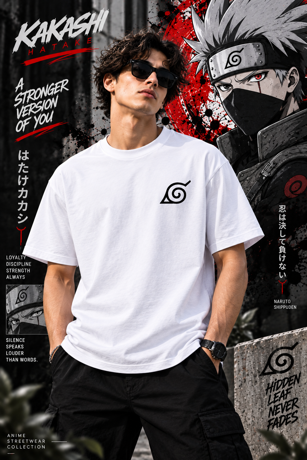 Kakashi Hatake anime T-shirt front design with Hidden Leaf symbol and Naruto streetwear artwork