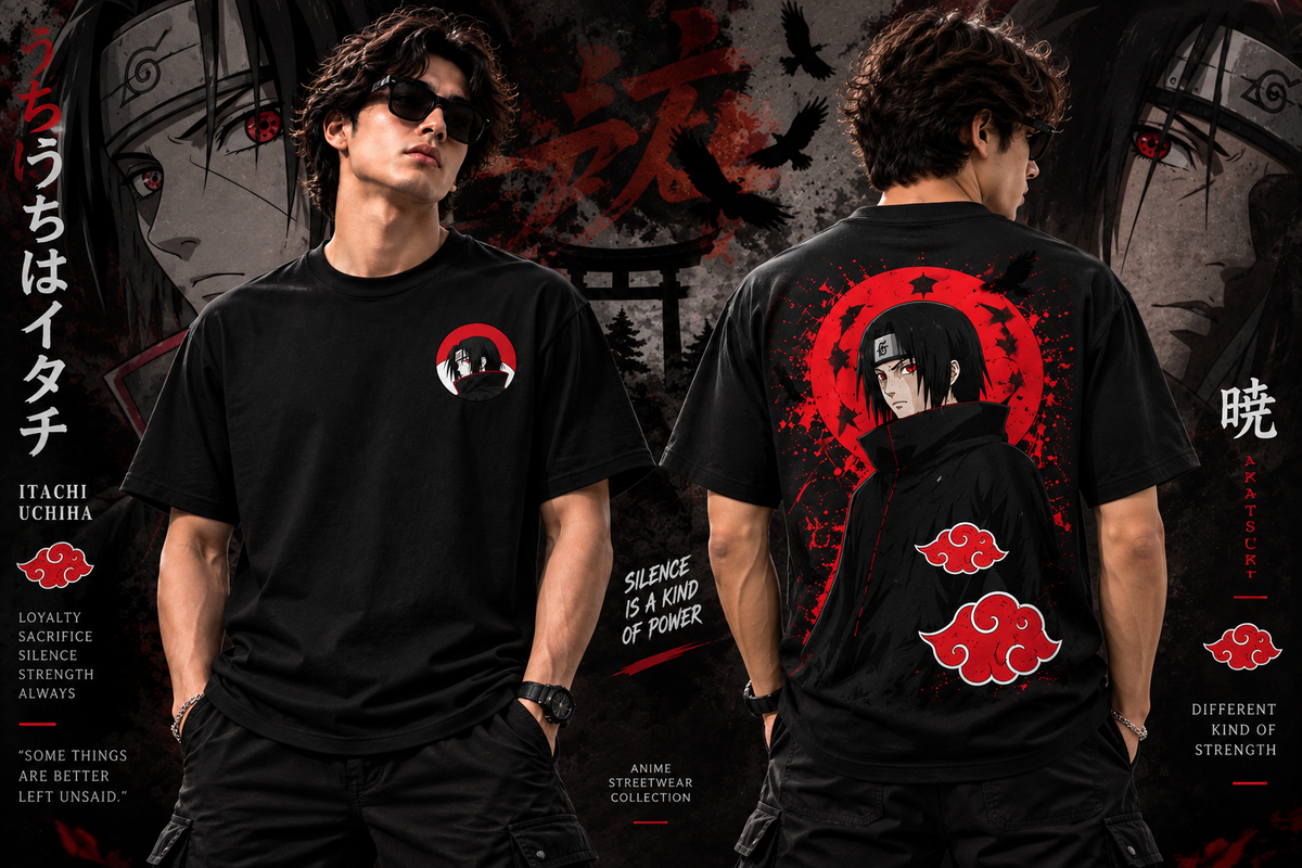 Itachi Uchiha anime streetwear t-shirt front and back design for anime fans