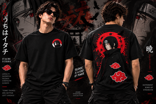 Itachi Uchiha anime streetwear t-shirt front and back design for anime fans