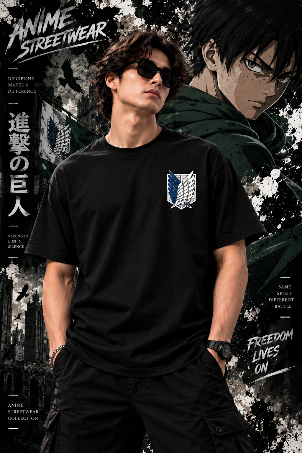 Attack on Titan black t shirt men anime streetwear