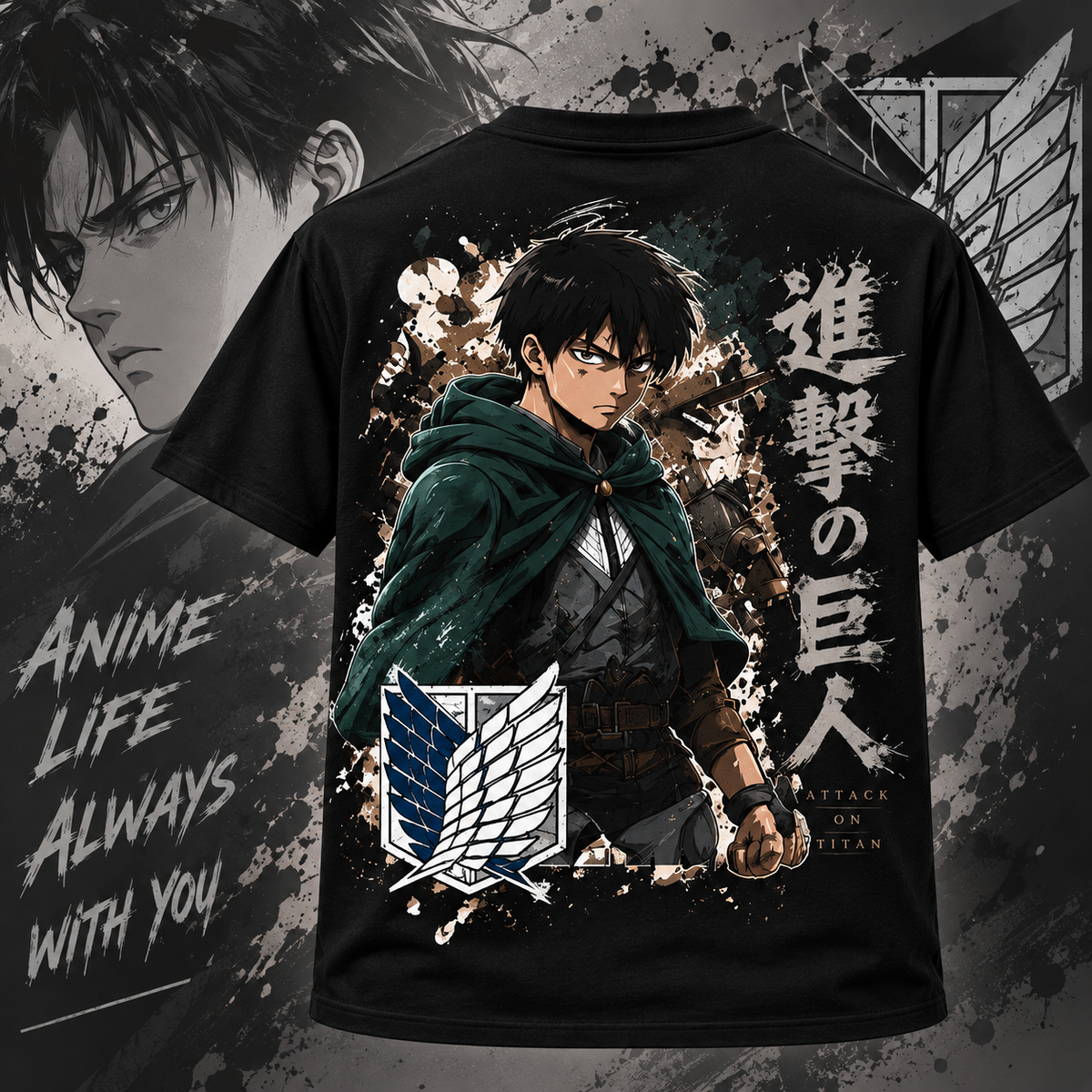 Levi anime black t shirt back graphic design