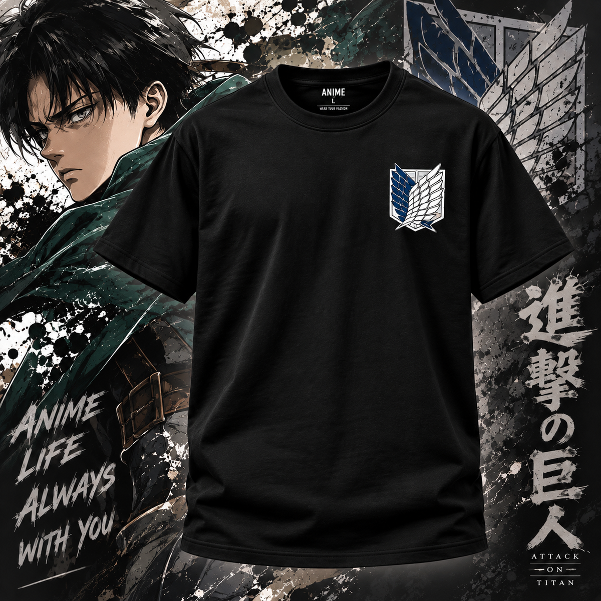 Levi Attack on Titan black t shirt front view