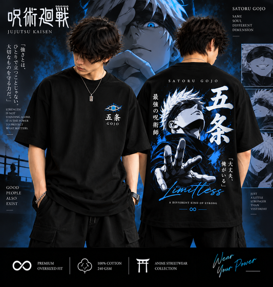 Black Satoru Gojo oversized anime streetwear T-shirt front and back on models