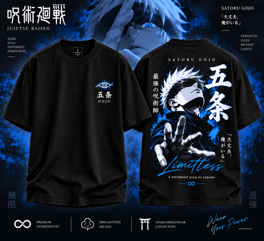 Jujutsu Kaisen Satoru Gojo black oversized T-shirt front and back view