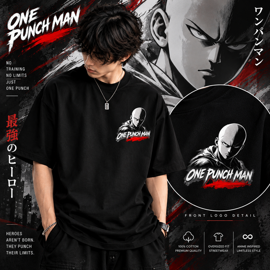 Front view of black One Punch Man anime T-shirt with Saitama logo print
