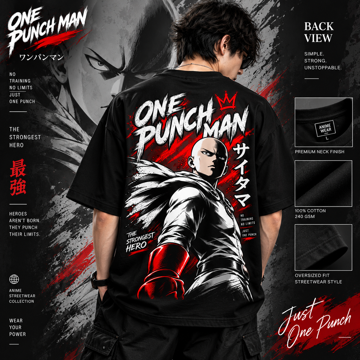 Model wearing One Punch Man oversized black T-shirt with large back design
