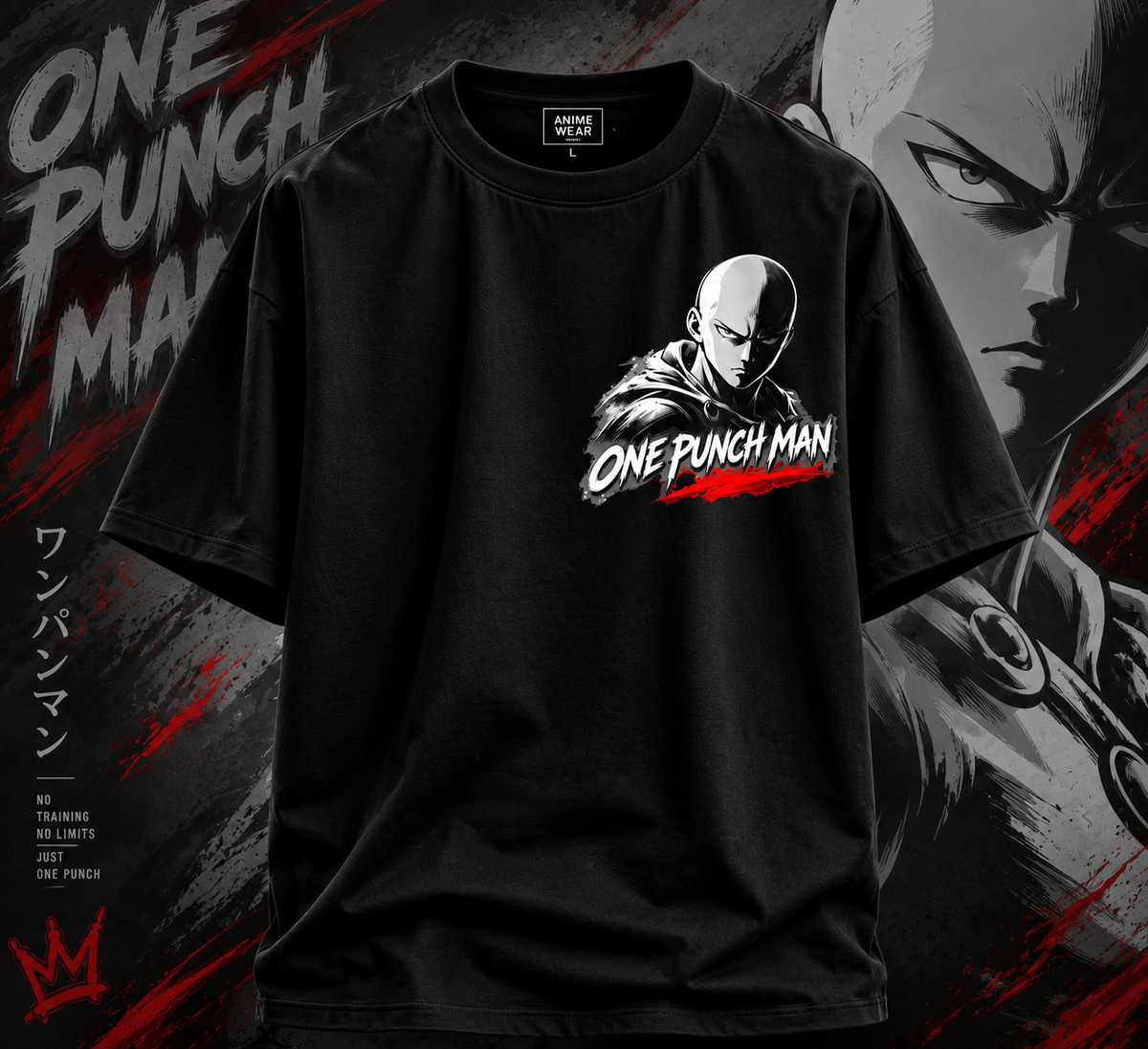 Black One Punch Man T-shirt featuring Saitama front chest graphic