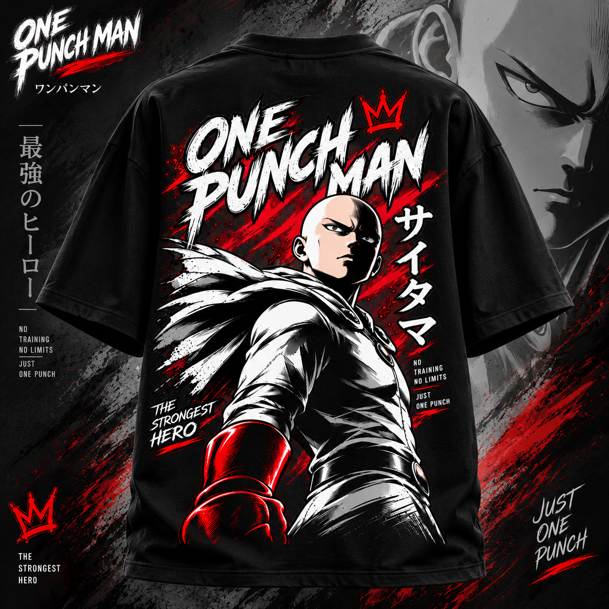 One Punch Man anime oversized black T-shirt with bold Saitama back print