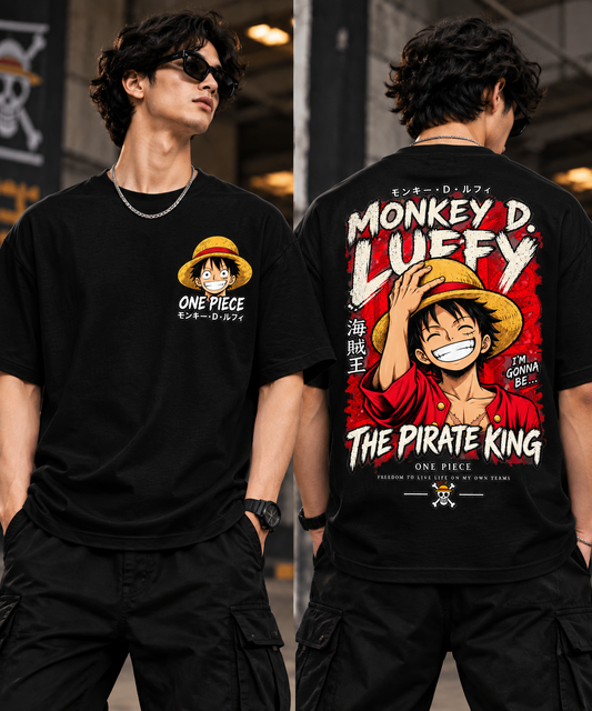 Black One Piece Luffy T-shirt front and back view with anime graphic prints