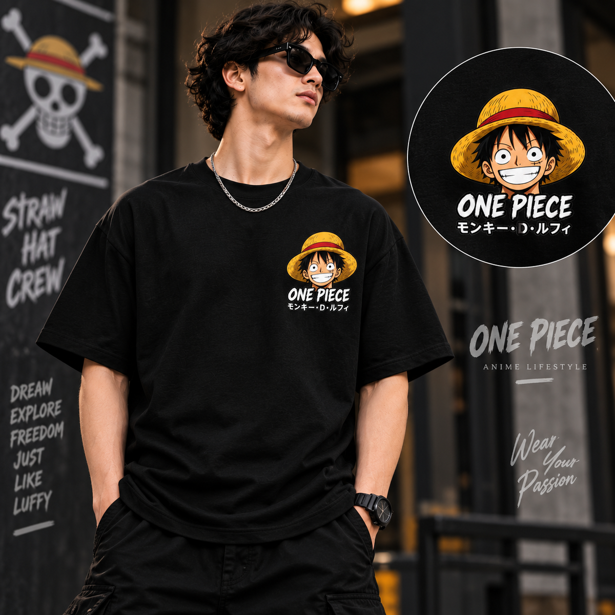Men wearing black One Piece Luffy T-shirt with front Monkey D. Luffy print