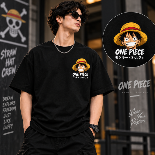 Men wearing black One Piece Luffy T-shirt with front Monkey D. Luffy print