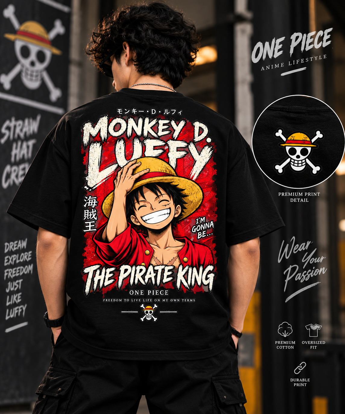 Men wearing black One Piece Luffy T-shirt with large back graphic print