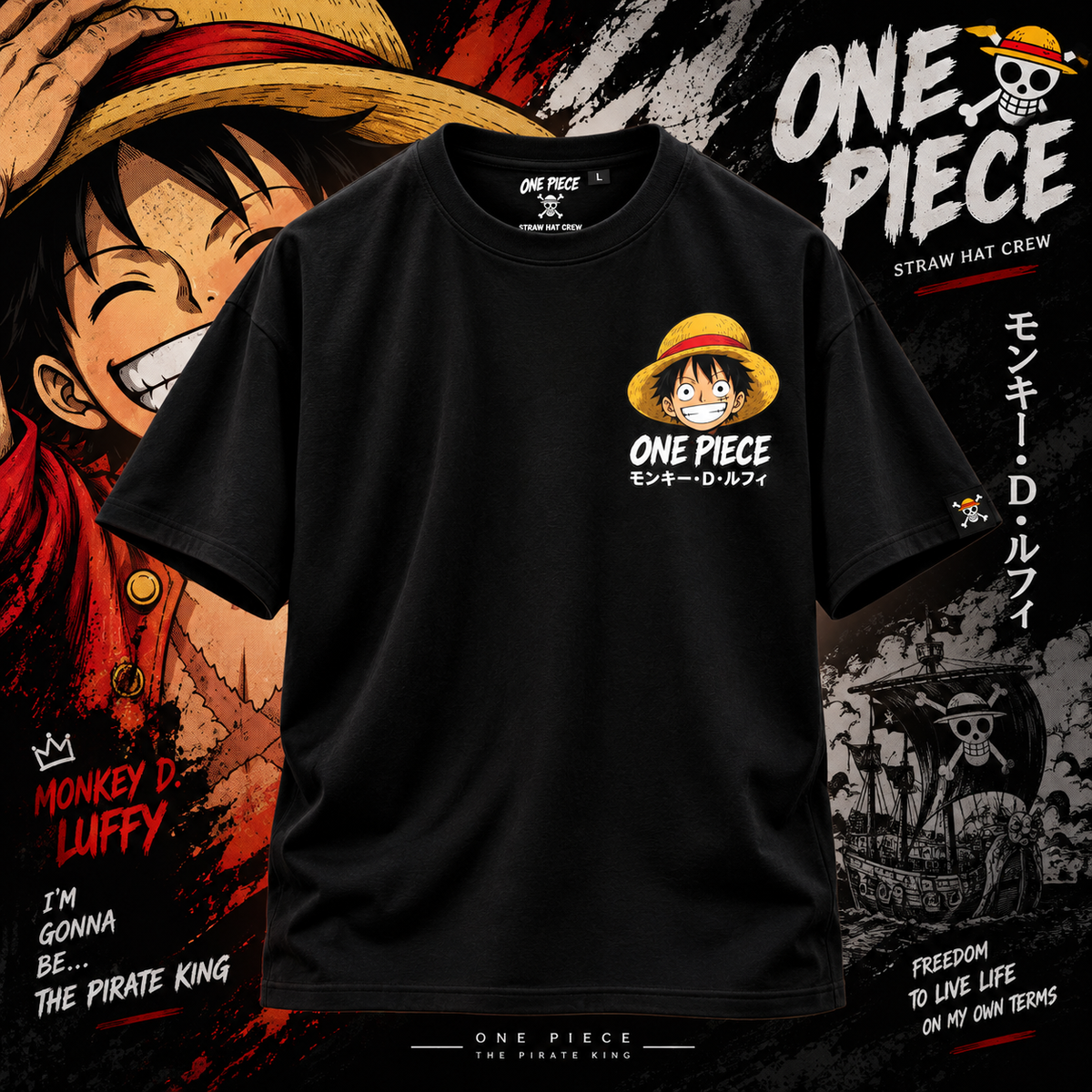 Black One Piece Luffy T-shirt with Monkey D. Luffy front chest print