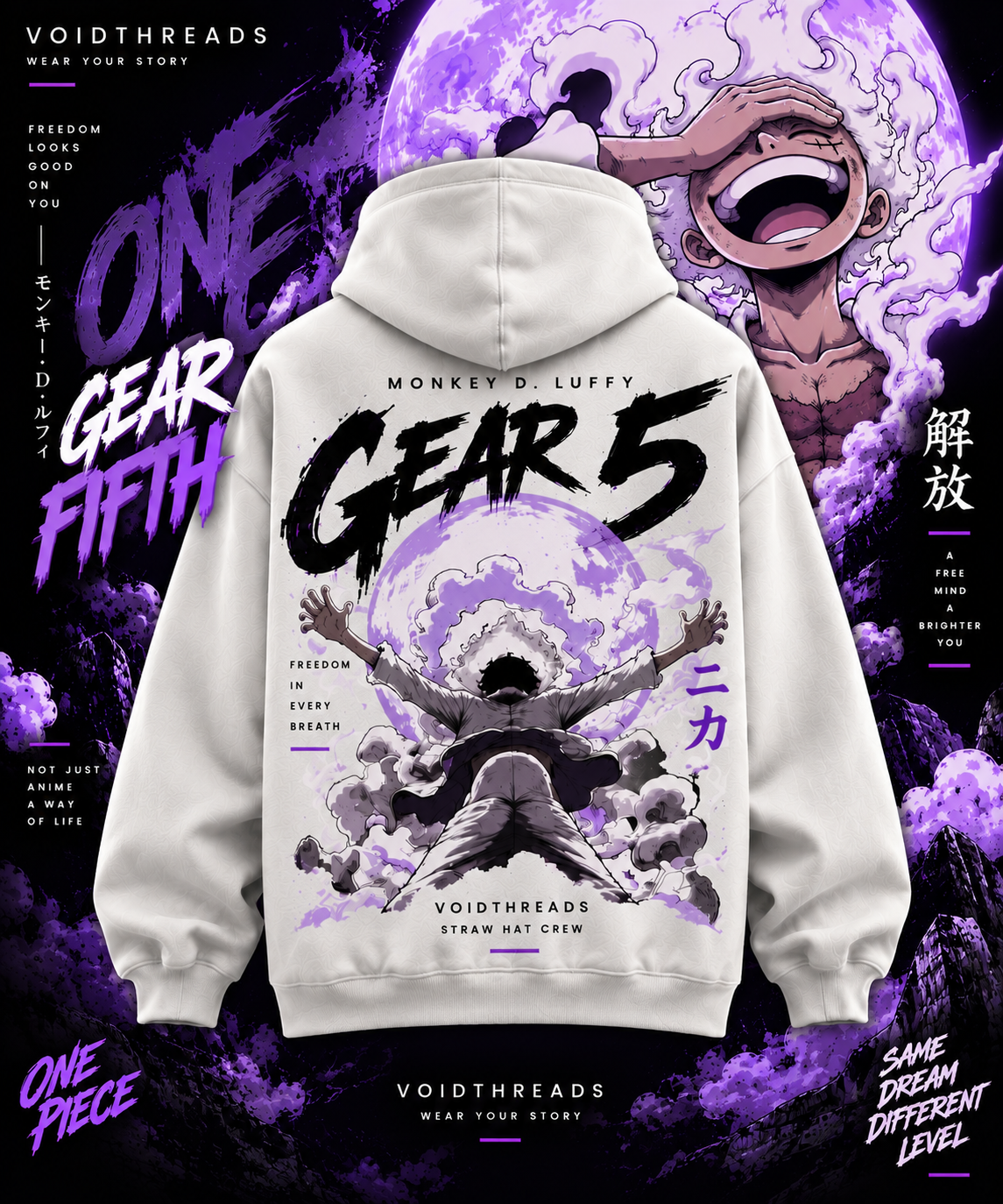 Back Hoodie Model Image Male model wearing white One Piece Gear 5 Luffy hoodie showing large back print and anime streetwear design