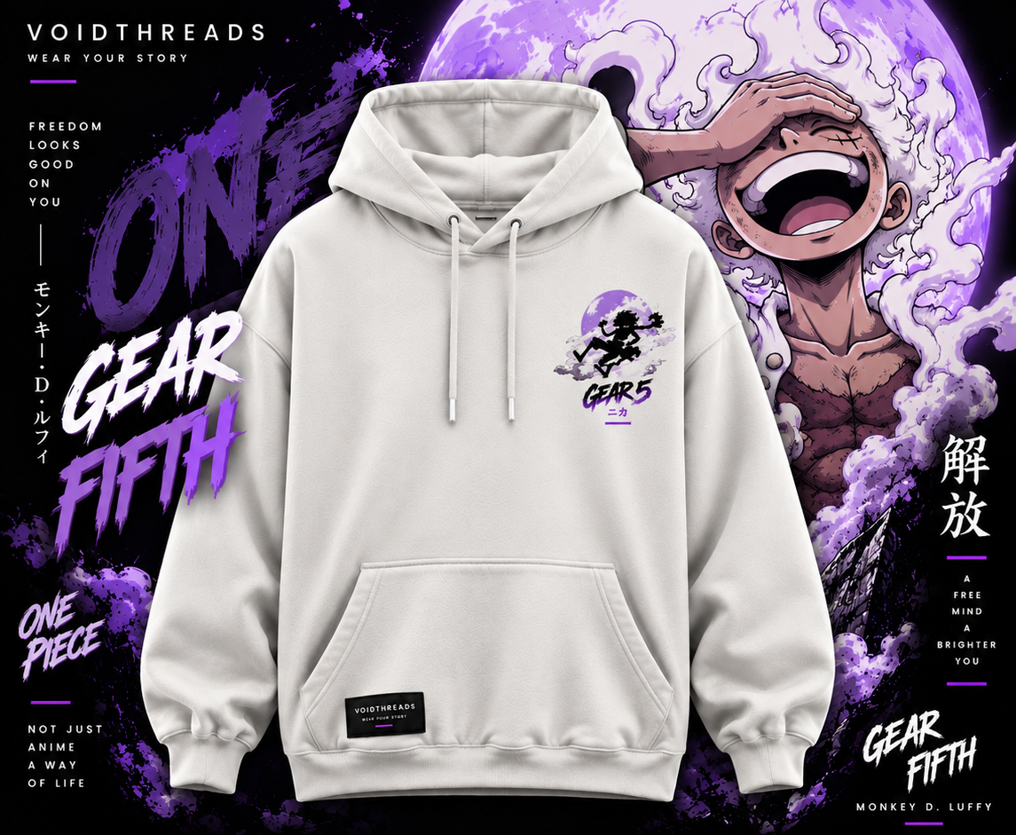 Front Hoodie Product Image White oversized One Piece Gear 5 Luffy hoodie with purple anime graphic and front chest print