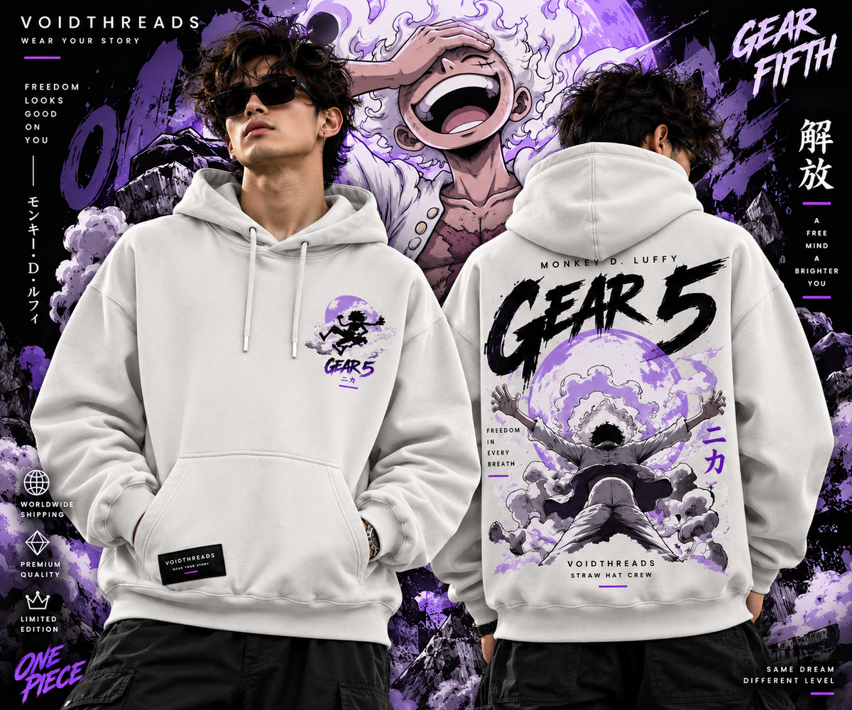 Front and Back Hoodie Model Image White One Piece Gear 5 Luffy hoodie front and back view worn by male model