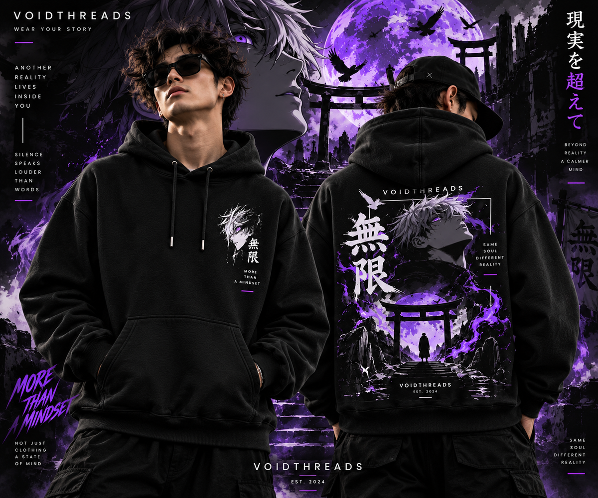 Front and Back Hoodie Model Shoot Front and back view of black anime streetwear hoodie featuring purple graphic artwork
