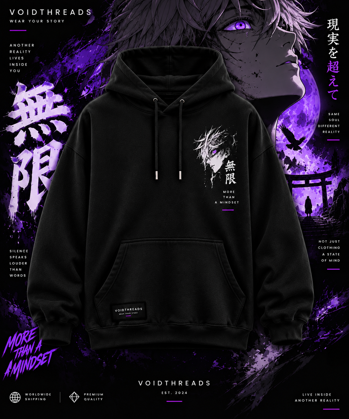 Black Hoodie Front Design Black graphic hoodie with anime character chest print and purple streetwear design