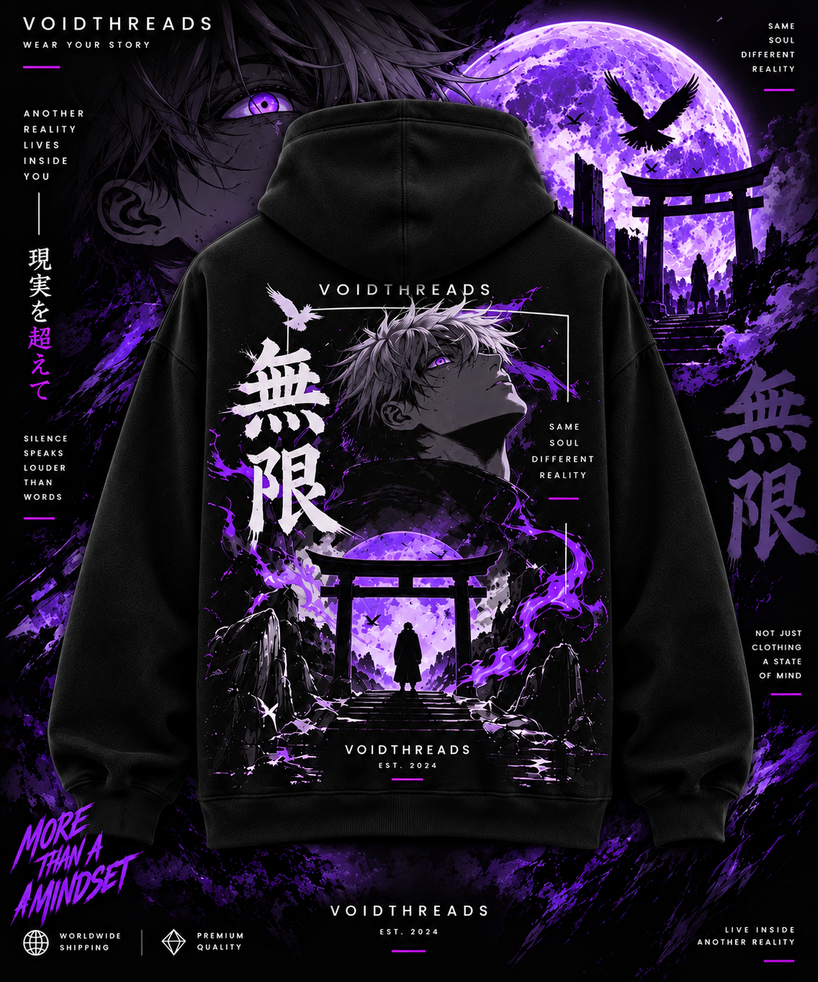 Black Hoodie Back Design Black anime-inspired hoodie with purple graphic back print and Japanese-inspired artwork