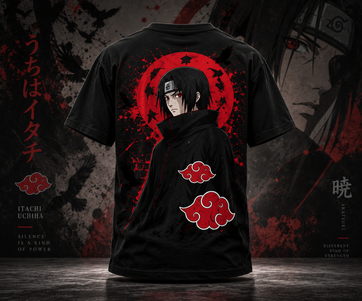 Itachi Uchiha Akatsuki black oversized t-shirt back print with red anime artwork