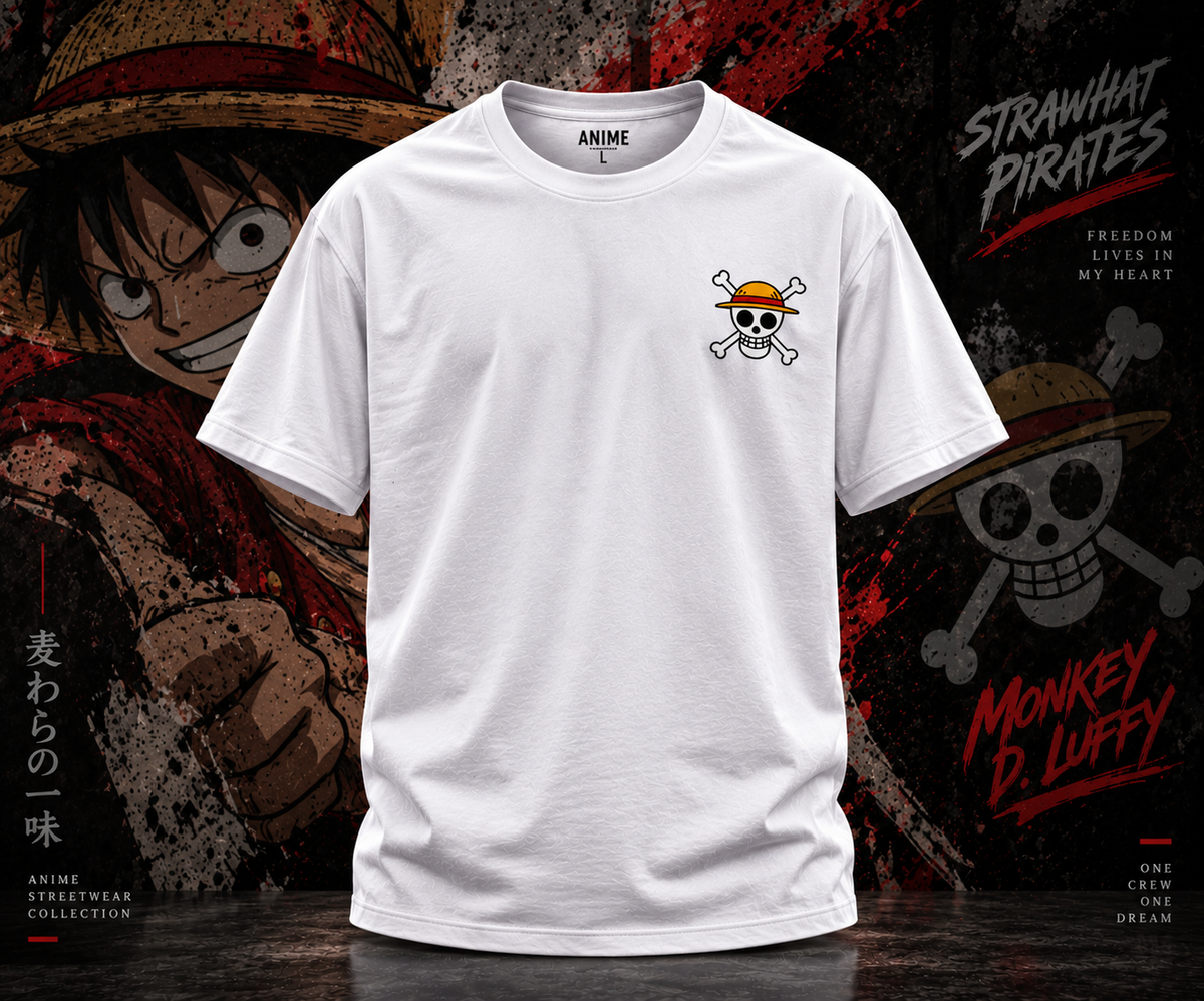 White anime T-shirt with small Straw Hat Pirates skull logo on the chest