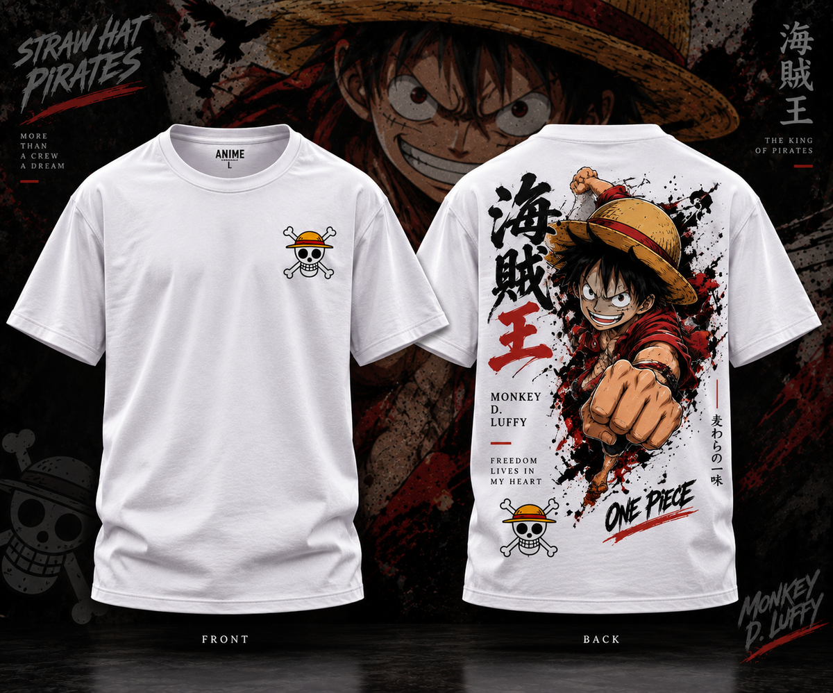 Front and back white One Piece anime T-shirt with Straw Hat Pirates graphic design