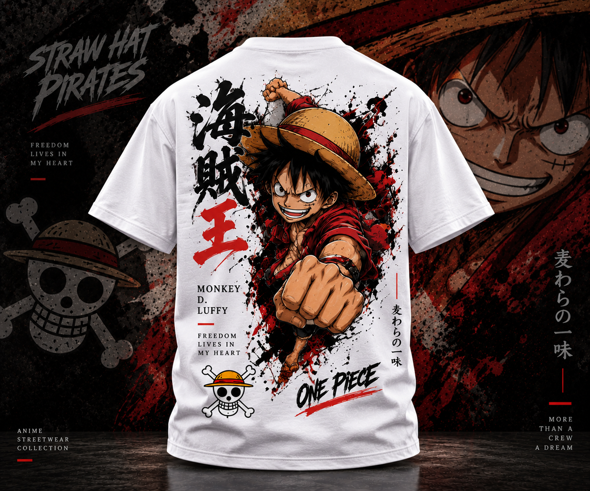 Back view of white Luffy anime T-shirt featuring large Monkey D. Luffy pirate artwork