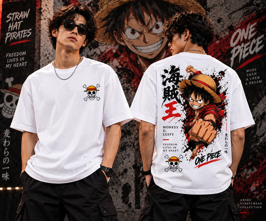 White One Piece Monkey D. Luffy T-shirt modeled from front and back with anime streetwear design