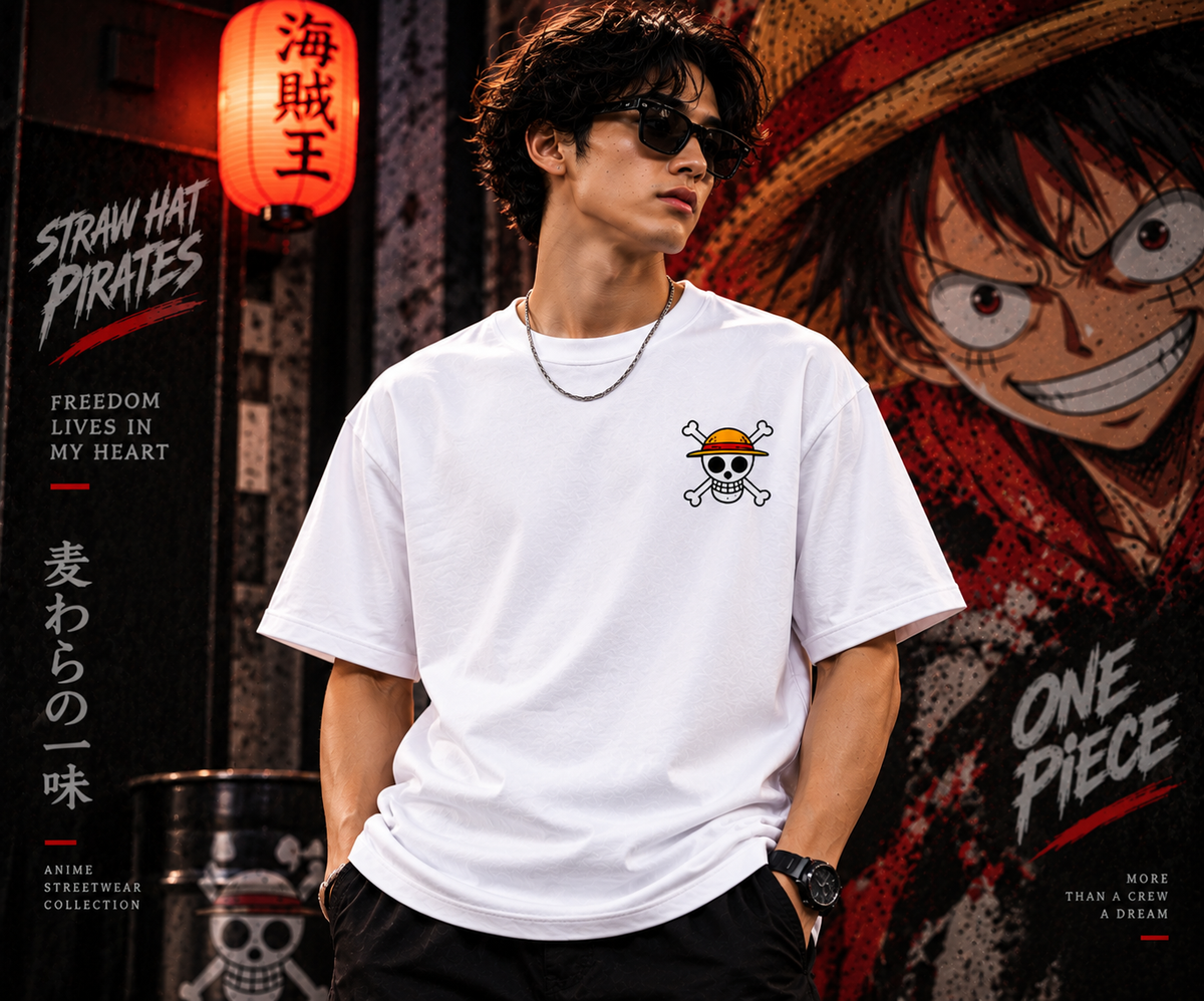 One Piece Luffy anime white T-shirt front and back design with pirate graphic