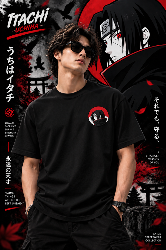 Black Itachi Uchiha t-shirt modeled with anime character graphic and red black background