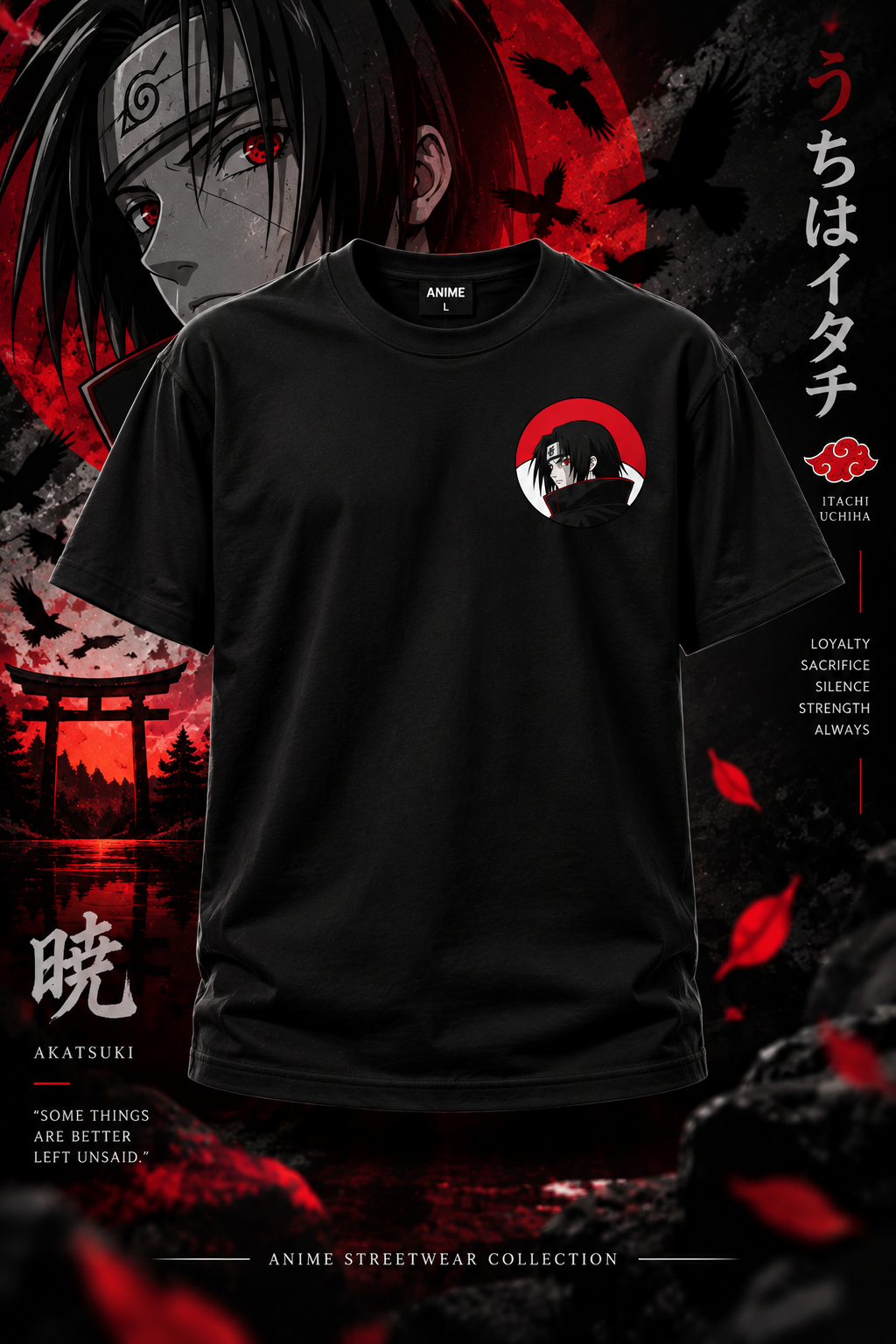 Black Itachi Uchiha anime t-shirt front view with small character chest print