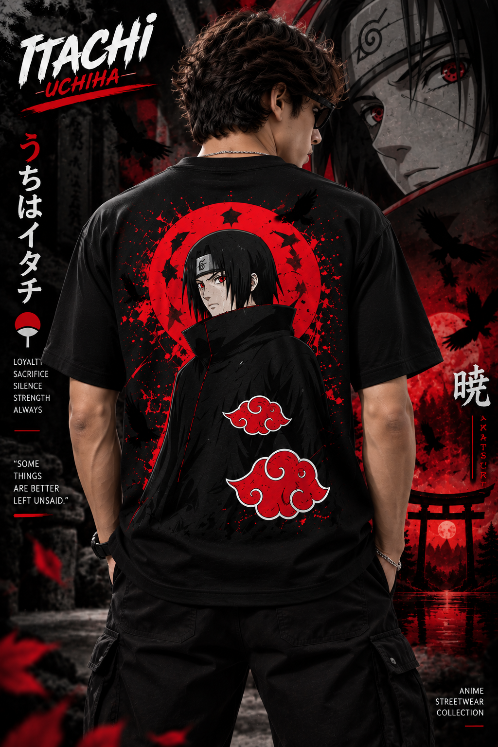 Itachi Uchiha black anime t-shirt back design with Akatsuki red cloud print