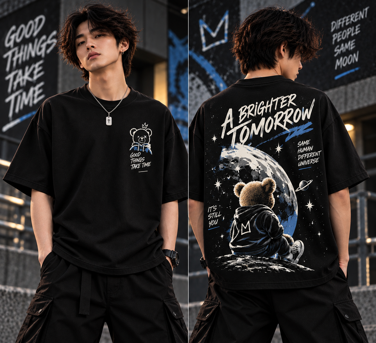 Front and back view of black oversized teddy bear graphic t-shirt with space artwork