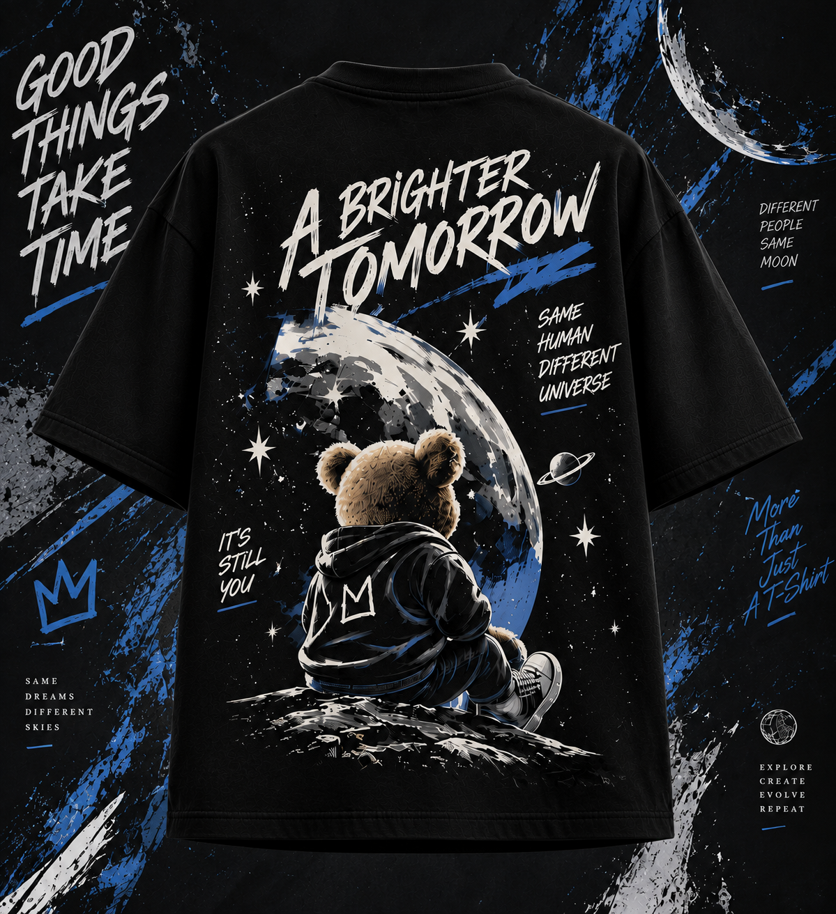 Black oversized graphic t-shirt back design with teddy bear, moon and space artwork
