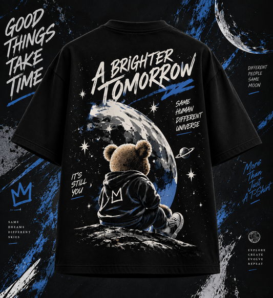 Black oversized graphic t-shirt back design with teddy bear, moon and space artwork