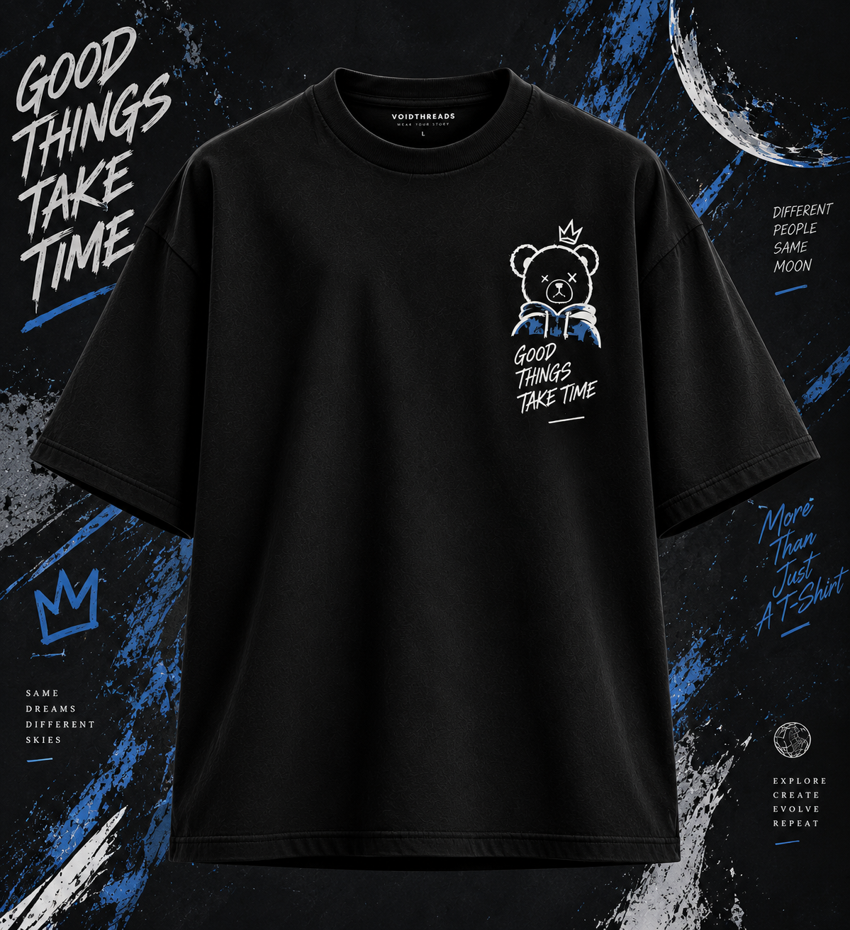 Black oversized t-shirt front with crowned teddy bear graphic and Good Things Take Time text